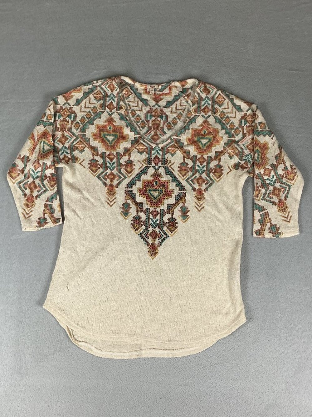 Reba Women's Cream Geometric Beaded Knit Tunic V-Neck 3/4 Sleeve Size L.